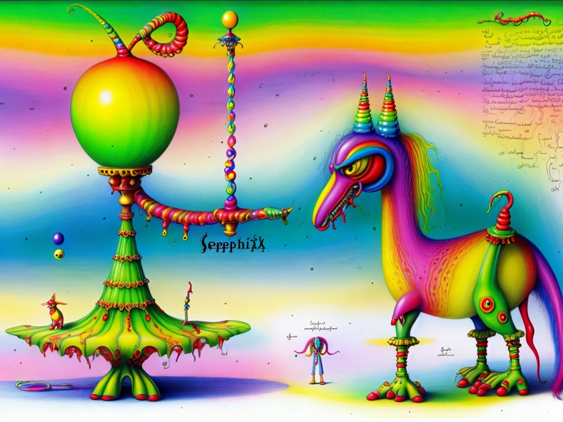 Vibrant Surreal Landscape with Whimsical Creatures