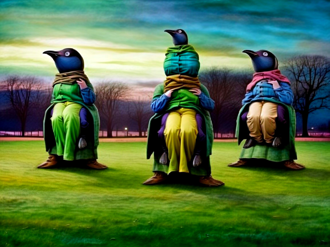 Three Anthropomorphic Penguins in Colorful Clothing