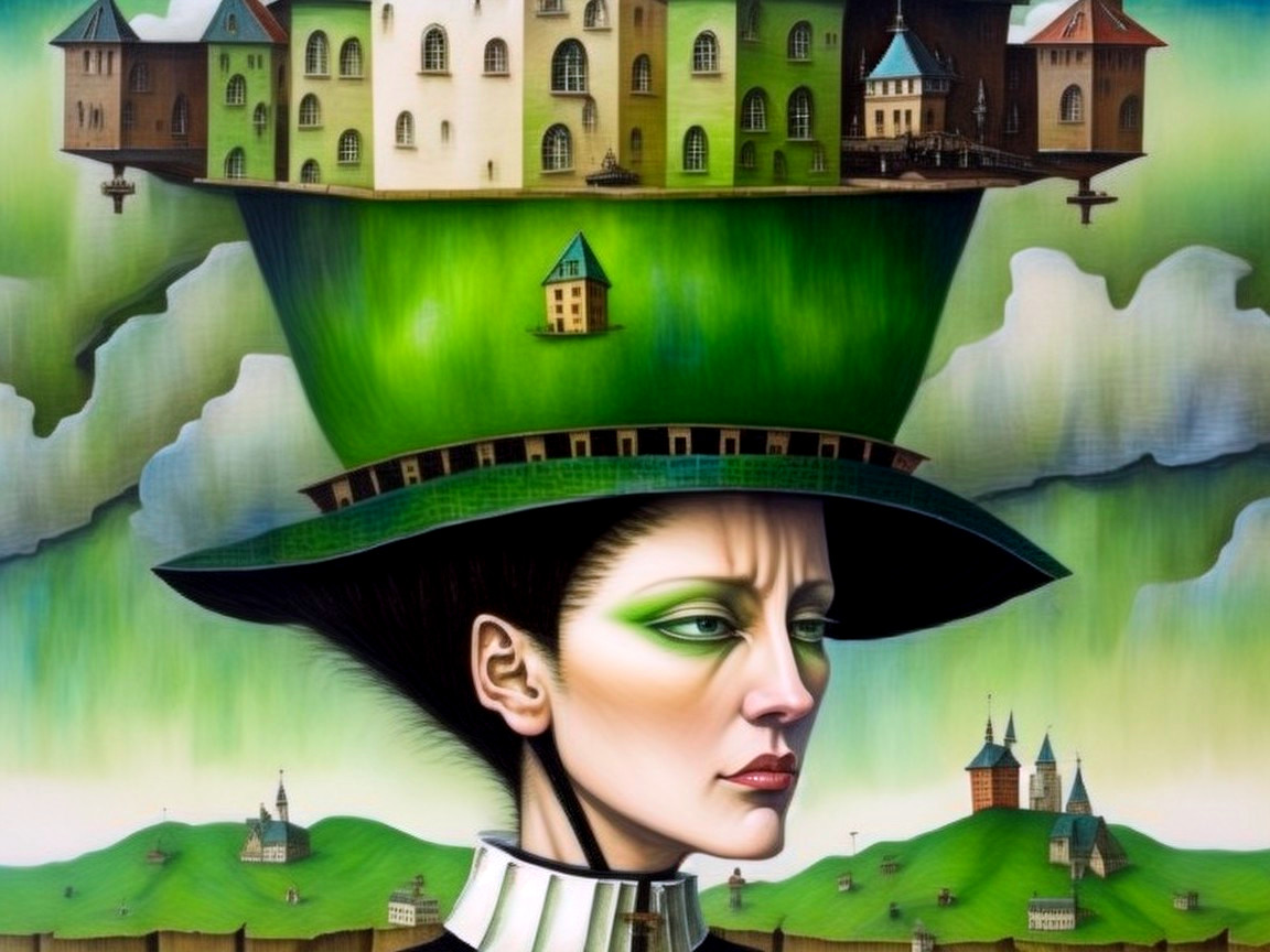 Surreal Oil Painting of Woman with Frying Pan Hat