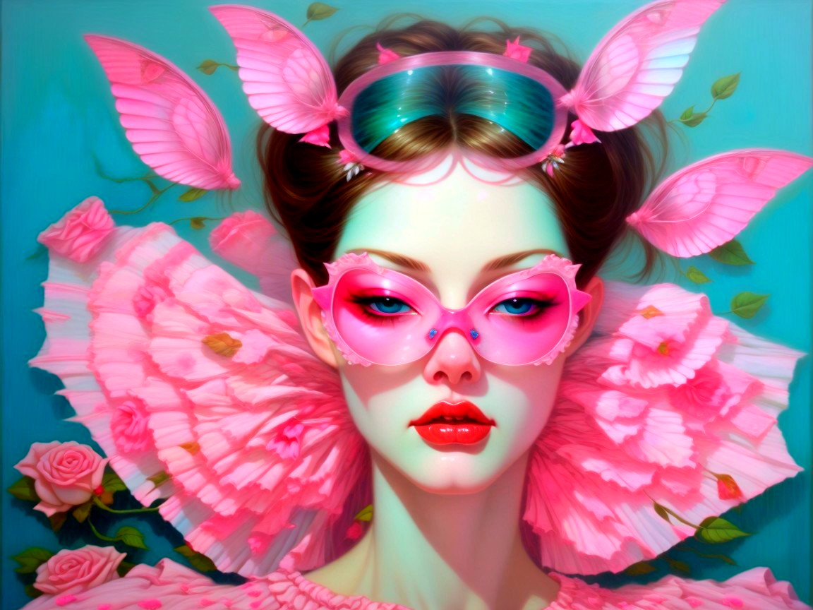 Vibrant Artwork of Woman with Unique Accessories and Wings