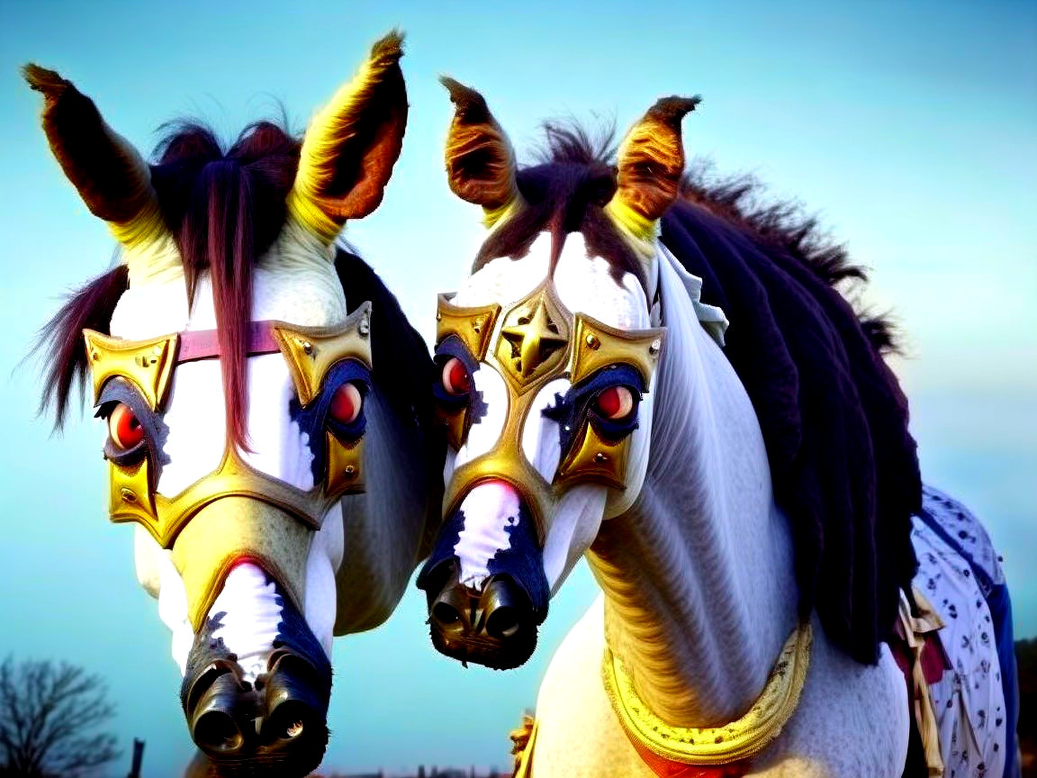 Fantasy Horses in Armor Against Sunset Sky