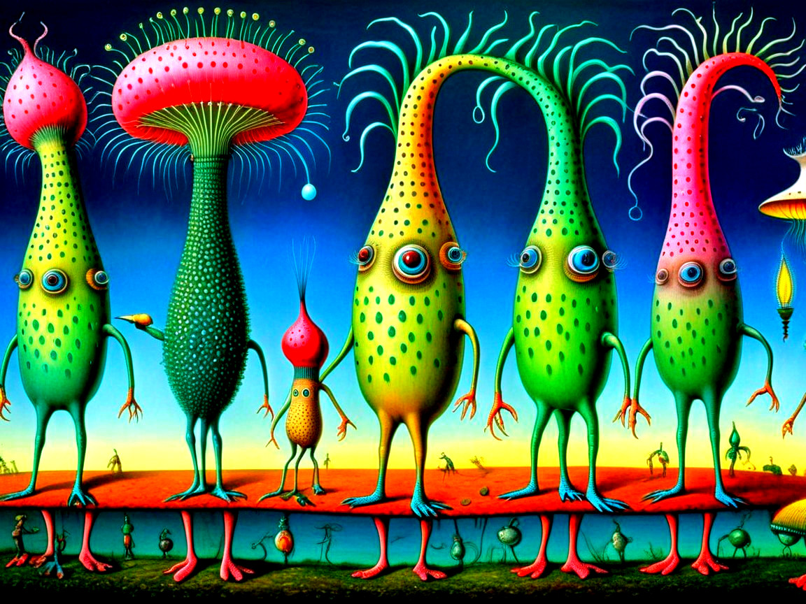Colorful Fantastical Creatures in Surreal Landscape