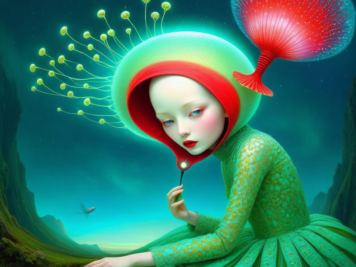 Surreal Figure in Dreamlike Landscape with Vibrant Dress