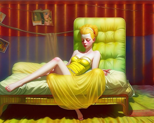 Dreamy Retro Bedroom with Elegant Figure in Yellow Dress