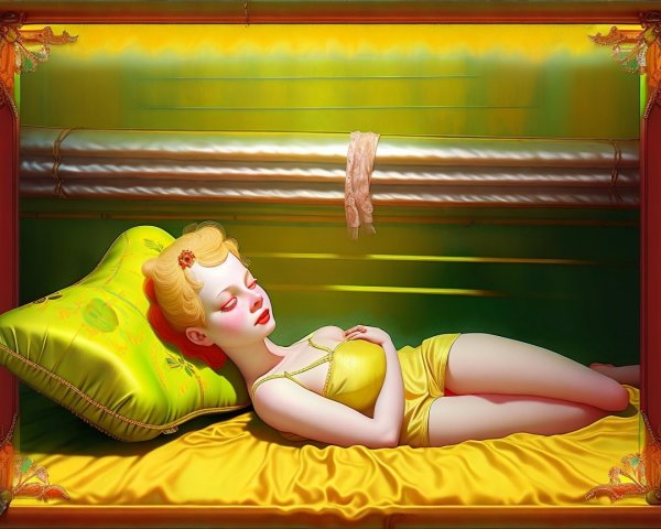 Serene Setting with Young Woman on Yellow Bedding