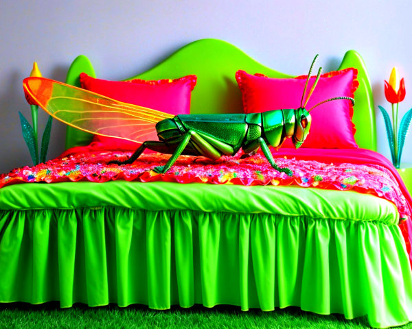 Metallic Green Grasshopper Toy on Colorful Bedding