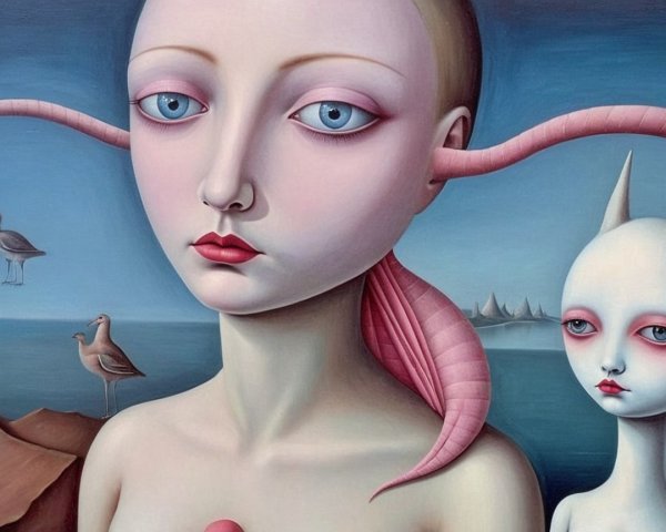 Surreal Artwork with Stylized Figures and Serene Landscape