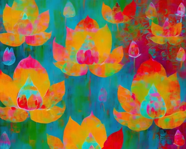 Vibrant Abstract Painting of Lotus Flowers and Buds
