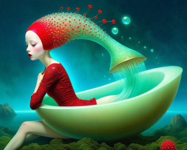 Surreal Scene of Woman in Futuristic Vessel and Dress