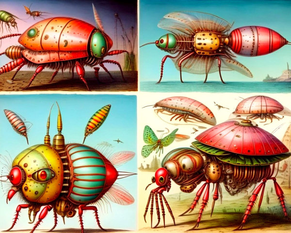 Steampunk-Inspired Insect Robots in Surreal Landscape
