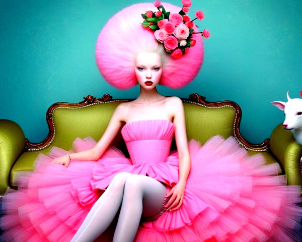 Ethereal Young Woman in Vintage Green Velvet Sofa