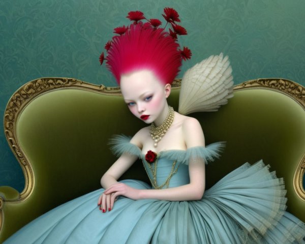 Surreal Fashion Character with Pink Hair and Floral Accents