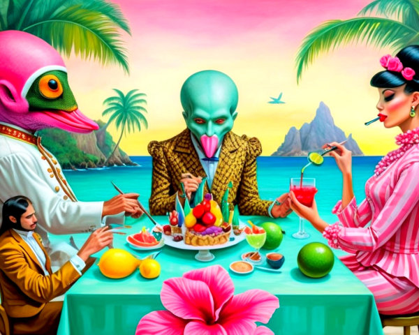 Surreal Oil Painting of Tropical Beach Gathering
