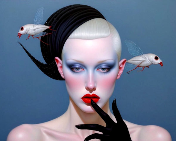 Portrait of a woman with surreal insects and blue background