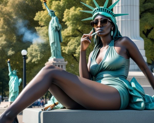 Stylish Figure in Green Dress Among Statue Replicas