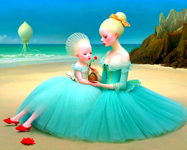 Porcelain-skinned girls in teal tulle dresses on beach