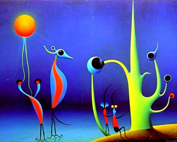 Surrealist Painting with Blue and Orange Organic Forms
