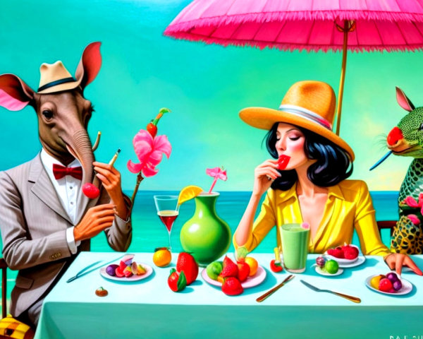 Aardvark in Suit at Table with Turquoise Tablecloth