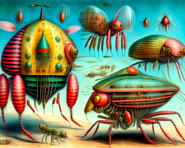 Colorful Futuristic Insect-Like Creatures in Surreal Setting