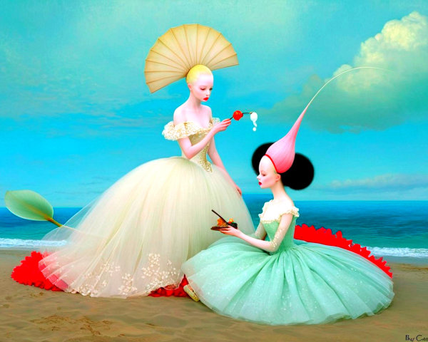 Eerie Figures on Beach in Cream Gown Under Blue Sky