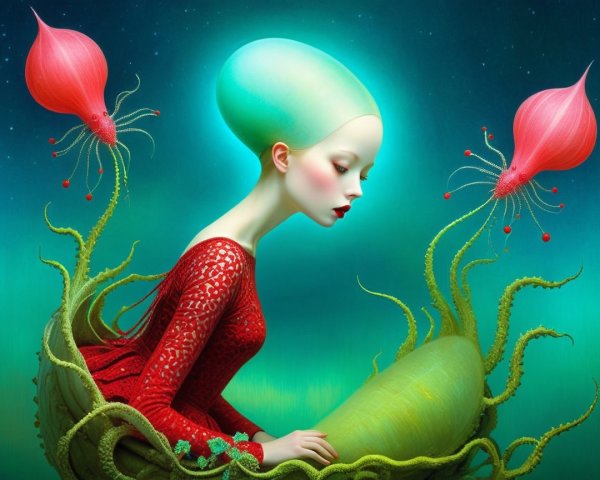 Surreal Scene of Figure with Green Head in Nature