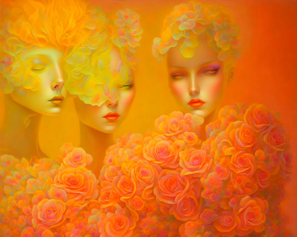 Ethereal Female Figures with Vibrant Hair and Roses