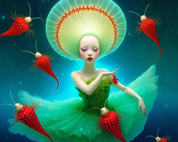 Ethereal Figure in Green Gown Amidst Starry Scene