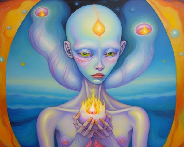 Surreal Figure with Flame Orb in Ethereal Landscape