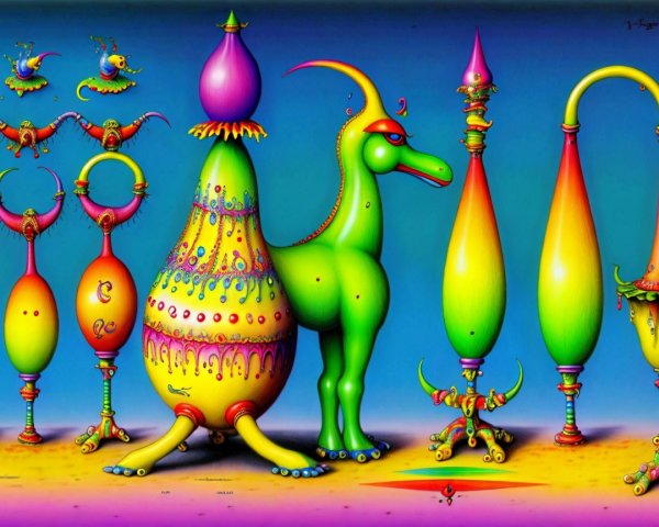Surreal Landscape with Whimsical Creatures and Colors