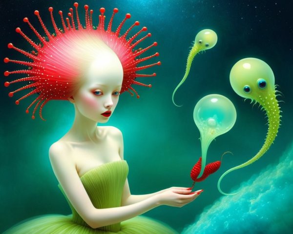 Whimsical Scene of a Girl with Coral Hairstyle and Creatures