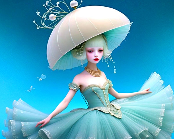 Whimsical Figure in Aquamarine Gown and Jellyfish Hat