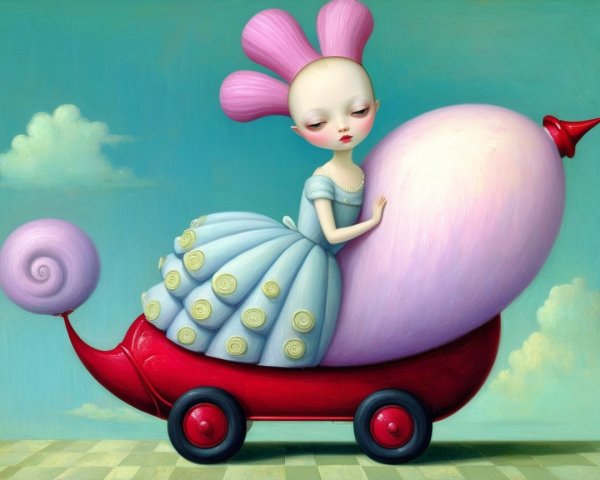 Whimsical character in blue gown on surreal bird vehicle