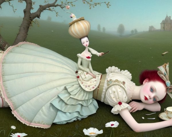 Surreal Scene of Girl with Doll in Dreamlike Landscape
