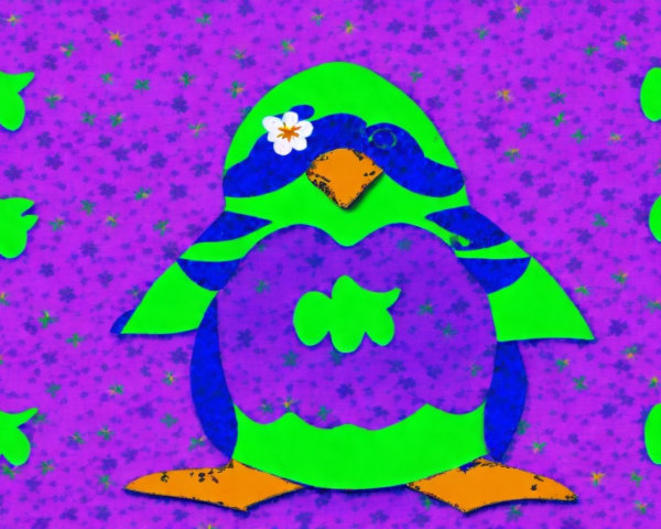 Stylized Penguin on Sparkly Purple Background