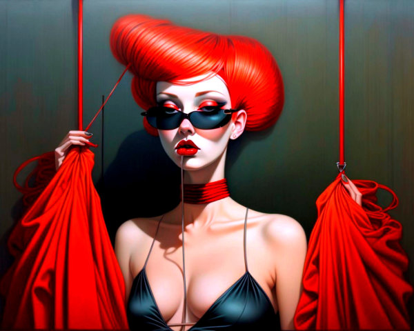 Vibrant Red-Haired Figure in Dramatic Black Outfit