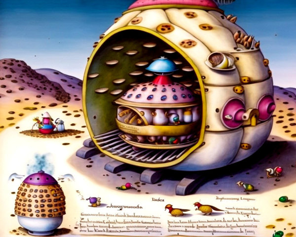 Futuristic landscape with quirky spaceship and creatures