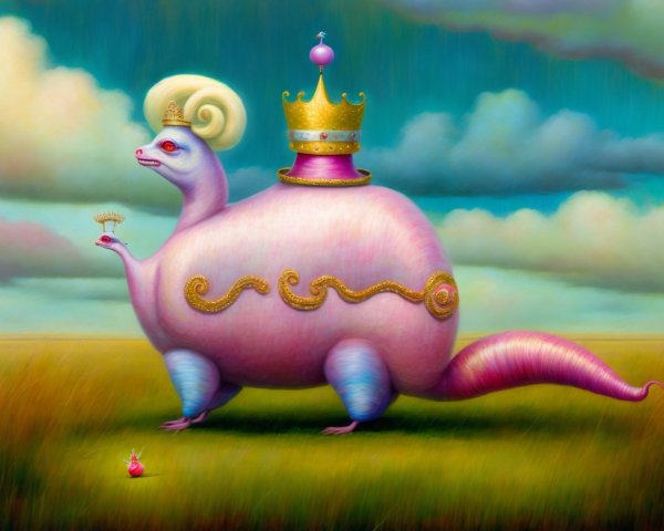 Whimsical Pink Dinosaur in Vibrant Fantasy Landscape