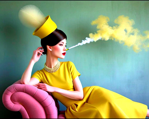 Woman in yellow dress with pill box hat and cigarette