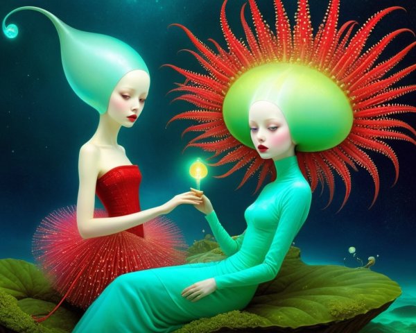 Surreal Landscape with Ethereal Alien Figures and Flora