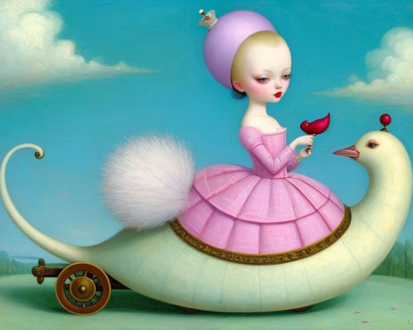 Whimsical Scene of Girl on Swan with Serene Sky
