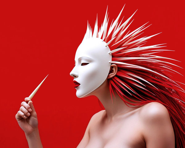 Woman with Red Hair and White Mask on Red Background