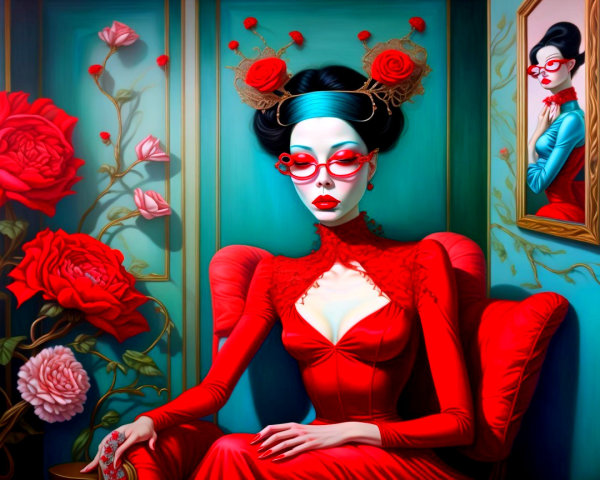 Stylized pop art painting of a woman in red attire