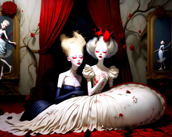Surreal Gothic Scene with Elegantly Dressed Women