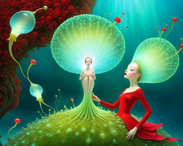 Surreal Landscape with Ethereal Figures and Flora