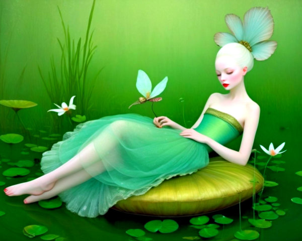 Woman in Green Dress on Large Lily Pad in Water