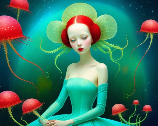 Surreal Woman with Red Hair and Ethereal Jellyfish