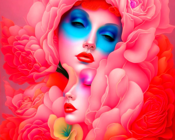 Ethereal Faces Among Vibrant Floral Composition