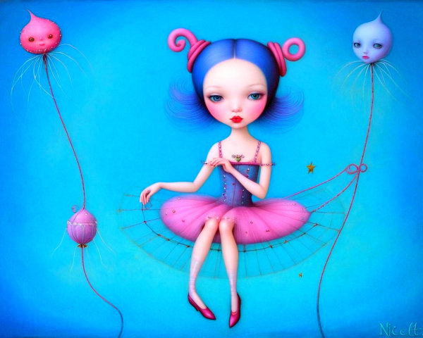 Whimsical Girl in Tutu with Abstract Creatures