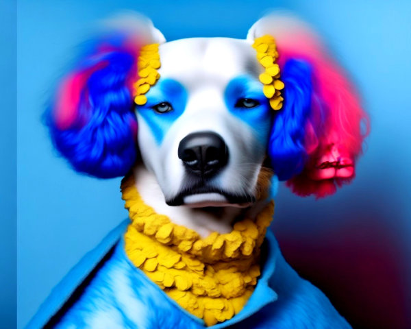 Pet portrait of a white dog with colorful accents