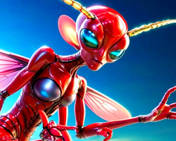 Cybernetic Red Ant Woman with Glossy Texture and Wings